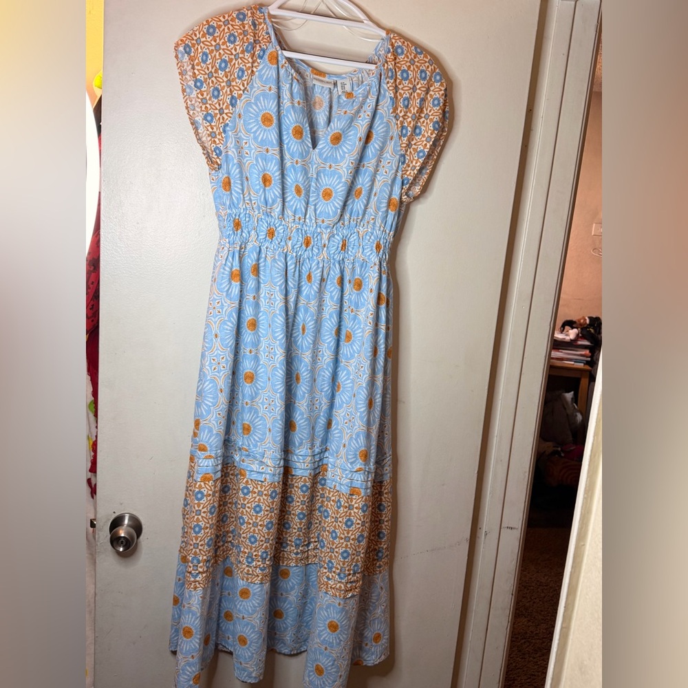 Rachel Zoe Blue Floral Smocked Midi Dress Size M Boho